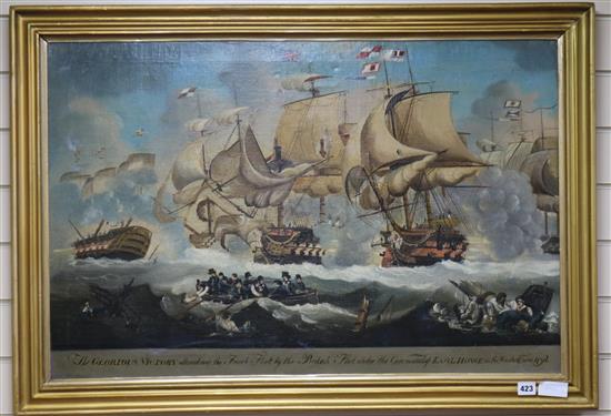 19th century School, oil on canvas, The Glorious Victory obtained over the French Fleet by the British Fleet 58 x 89cm